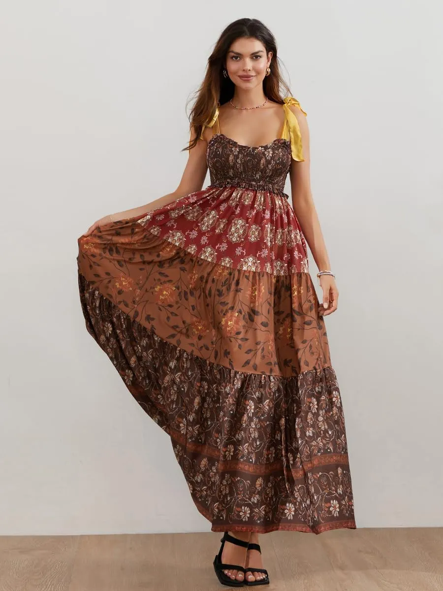 Women Summer Floral Spaghetti Strap Dress Flowy Smocked Tie Up Shoulder Boho Maxi Flowy Swing Dress Y2K Beach Sundress