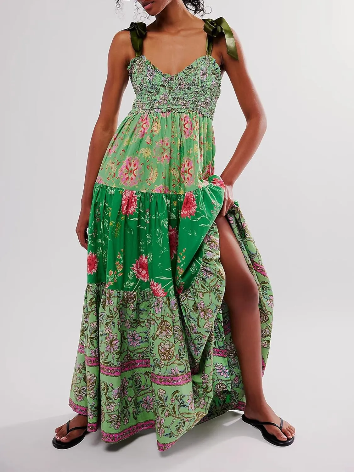 Women Summer Floral Spaghetti Strap Dress Flowy Smocked Tie Up Shoulder Boho Maxi Flowy Swing Dress Y2K Beach Sundress