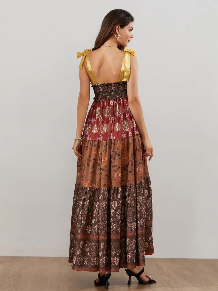 Women Summer Floral Spaghetti Strap Dress Flowy Smocked Tie Up Shoulder Boho Maxi Flowy Swing Dress Y2K Beach Sundress