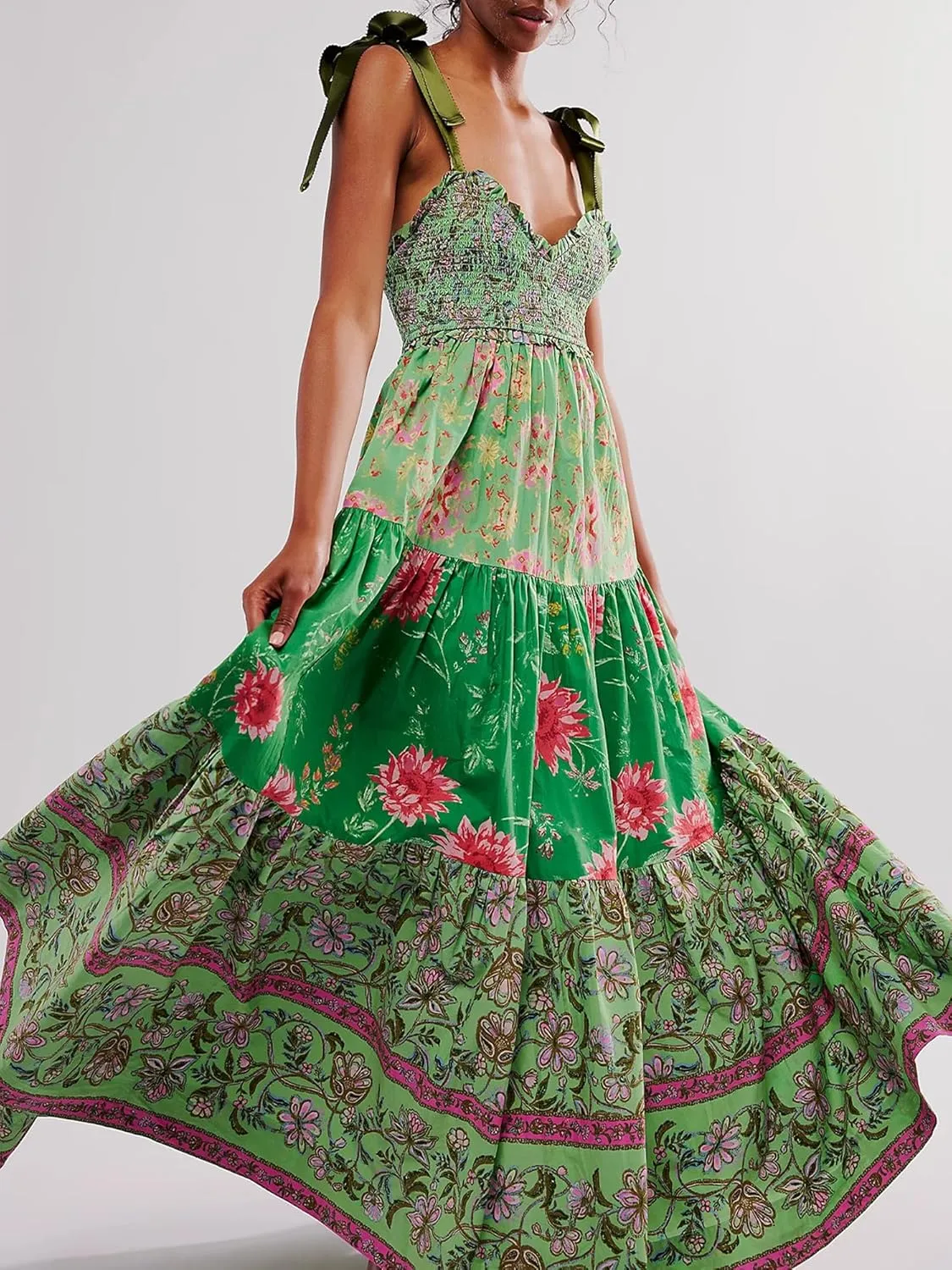 Women Summer Floral Spaghetti Strap Dress Flowy Smocked Tie Up Shoulder Boho Maxi Flowy Swing Dress Y2K Beach Sundress