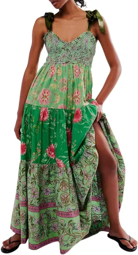 Women Summer Floral Spaghetti Strap Dress Flowy Smocked Tie Up Shoulder Boho Maxi Flowy Swing Dress Y2K Beach Sundress