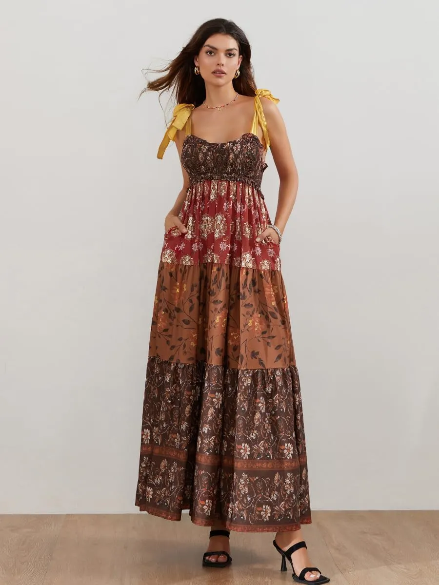 Women Summer Floral Spaghetti Strap Dress Flowy Smocked Tie Up Shoulder Boho Maxi Flowy Swing Dress Y2K Beach Sundress