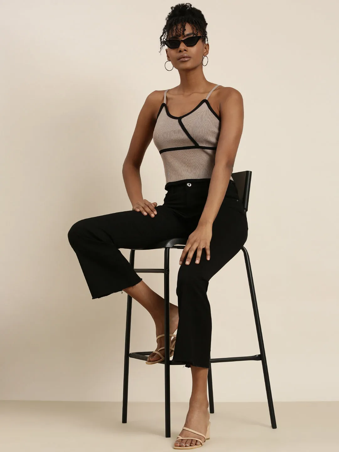 Women Taupe Solid Tank Crop Top