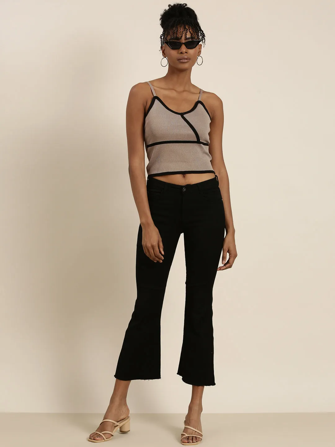 Women Taupe Solid Tank Crop Top