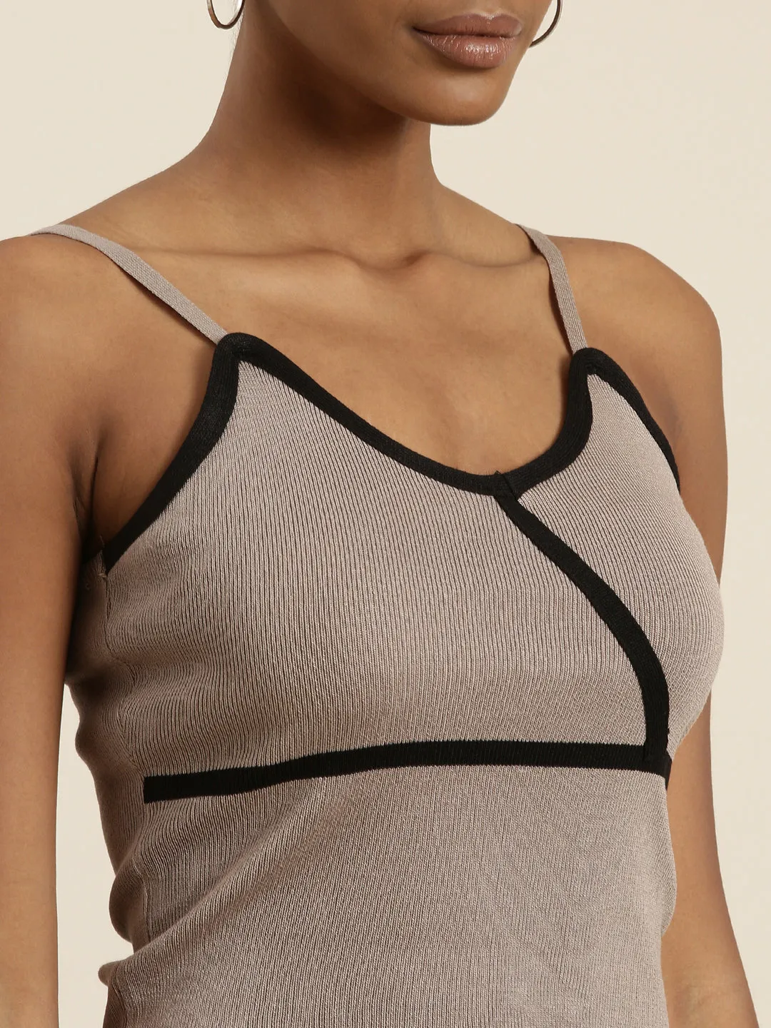 Women Taupe Solid Tank Crop Top