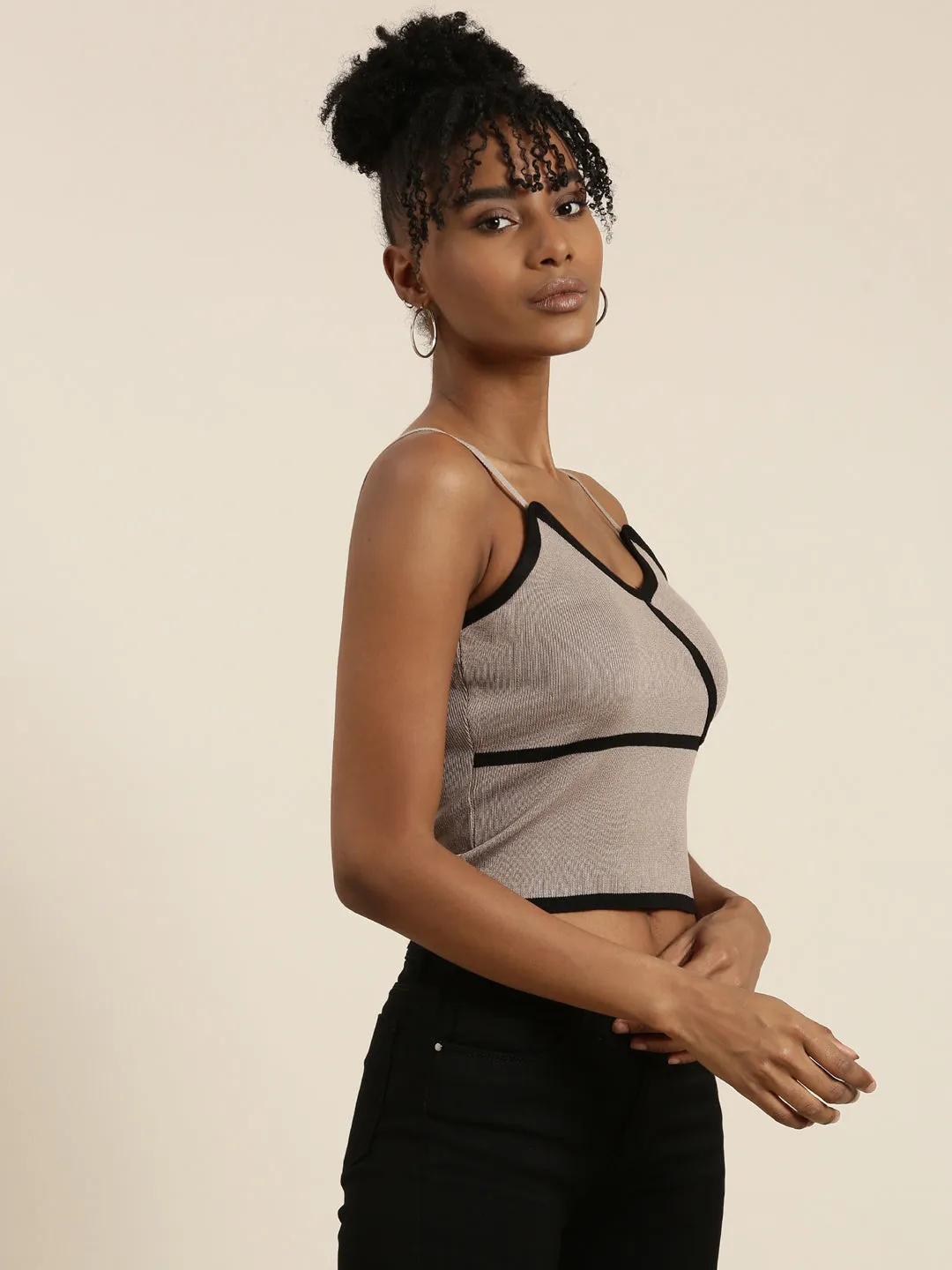 Women Taupe Solid Tank Crop Top
