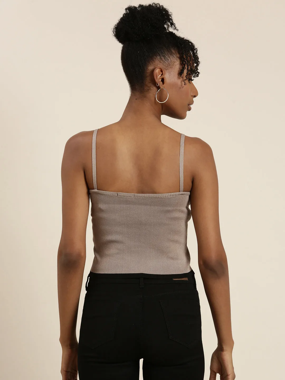 Women Taupe Solid Tank Crop Top