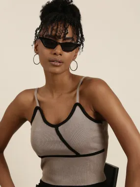 Women Taupe Solid Tank Crop Top