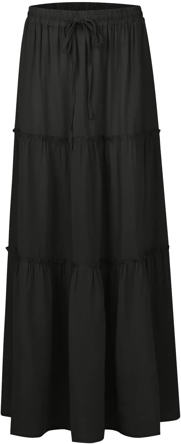 Womens 2025 Summer Long Maxi Skirt Loose Trendy Pleated Tie Knot Elastic High Waisted Flowy Casual A Line Skirts