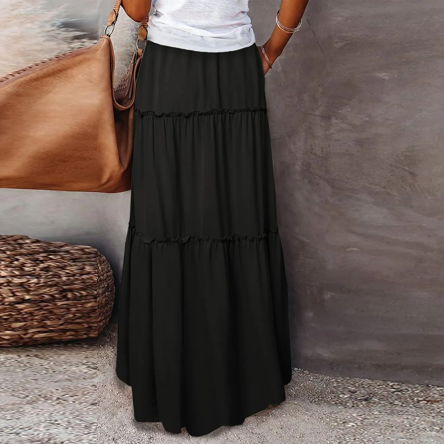 Womens 2025 Summer Long Maxi Skirt Loose Trendy Pleated Tie Knot Elastic High Waisted Flowy Casual A Line Skirts
