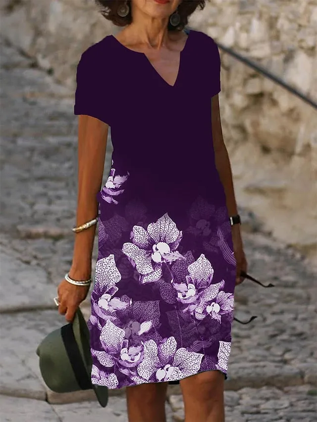 Women's A Line Dress Knee Length Dress Green Blue Short Sleeve Floral Print Spring Summer V Neck Basic Casual Loose 2023 S M L XL XXL 3XL / 3D Print