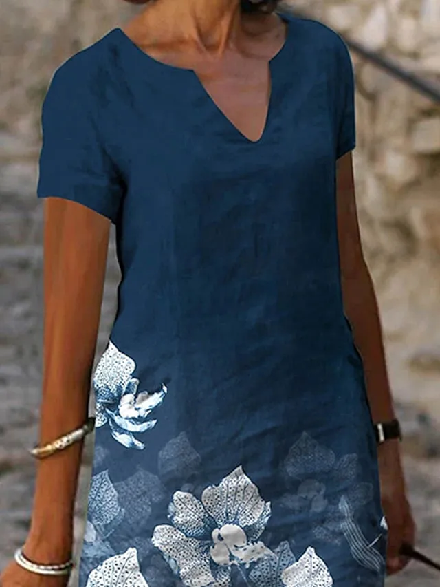 Women's A Line Dress Knee Length Dress Green Blue Short Sleeve Floral Print Spring Summer V Neck Basic Casual Loose 2023 S M L XL XXL 3XL / 3D Print