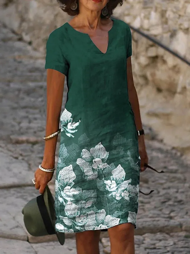 Women's A Line Dress Knee Length Dress Green Blue Short Sleeve Floral Print Spring Summer V Neck Basic Casual Loose 2023 S M L XL XXL 3XL / 3D Print