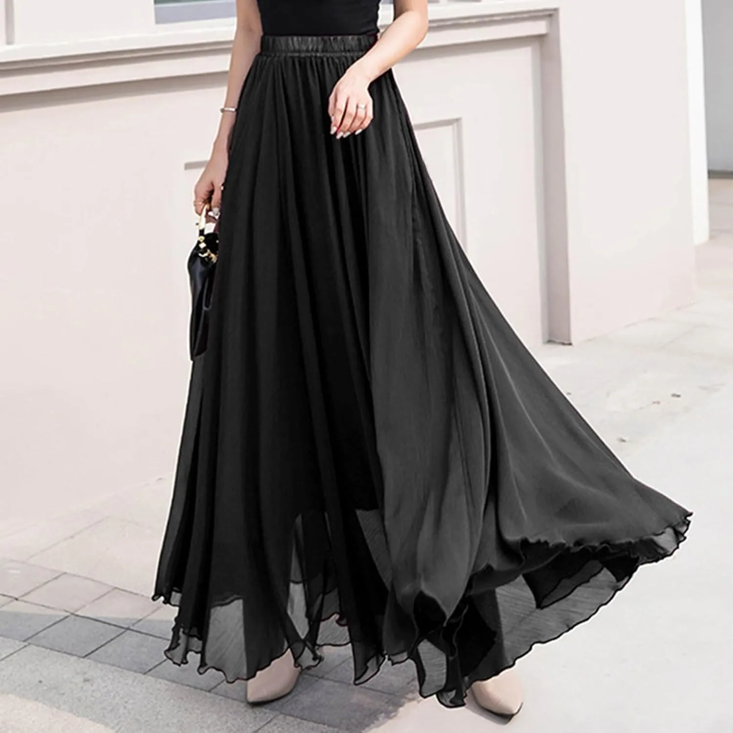 Womens A-Line Maxi Skirts Ruffle Elastic Waist Pleated Long Skirt Summer Beach Vacation Casual Loose Clothes 2025