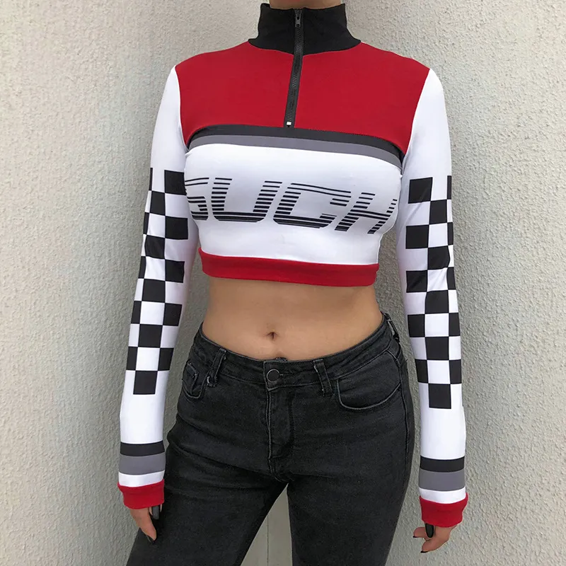 Women's Casual Spandex Long-Sleeved Crop Top With Zipper