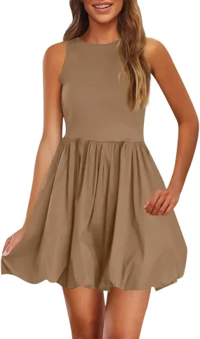 Womens Casual Summer Dresses Business Mini Dress Sleeveless Tank Short Dress Crew Neck Bubble Beach Sundress Pockets