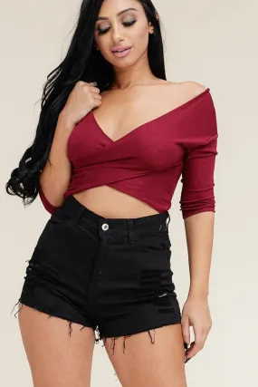 Women's Deep V Neckline 3/4 Sleeve Cross Over Burgundy Crop Top