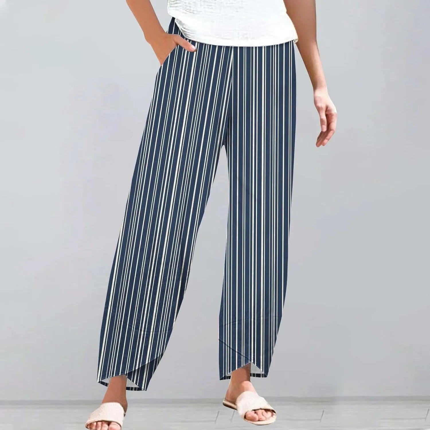 Women's Linen Capri Pants Plus Size Elastic Waist with Drawstring Comfy Soft Trousers Striped Straight Pants