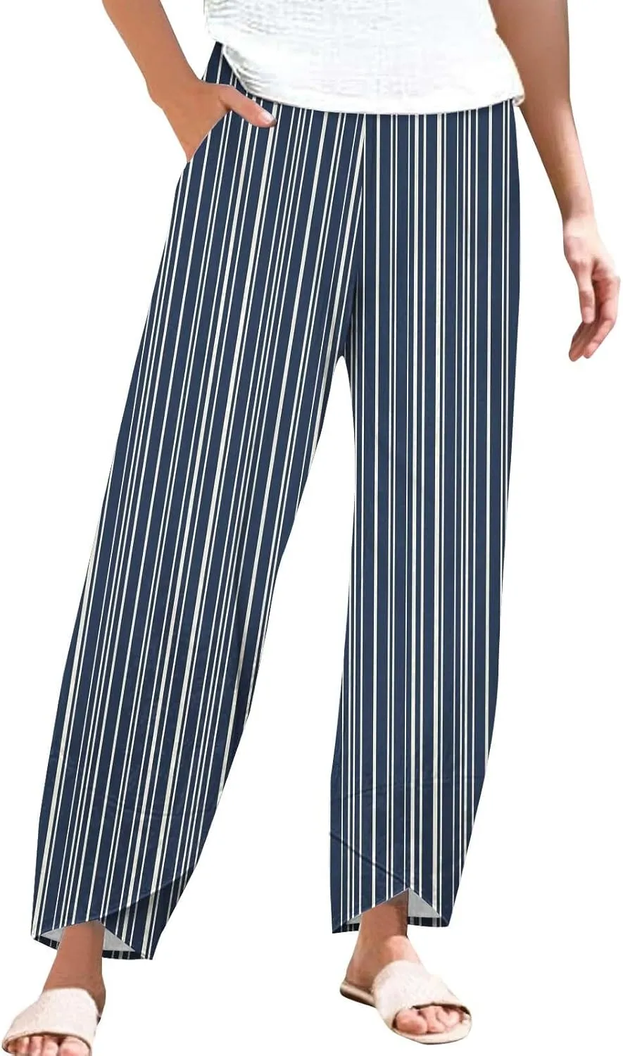 Women's Linen Capri Pants Plus Size Elastic Waist with Drawstring Comfy Soft Trousers Striped Straight Pants