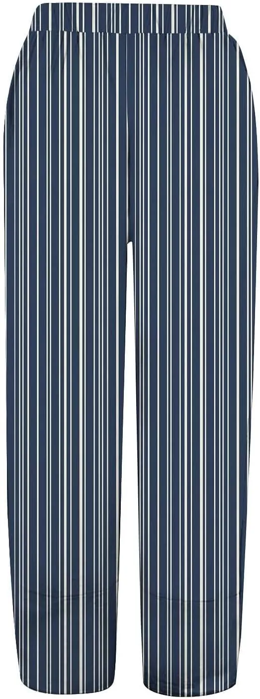 Women's Linen Capri Pants Plus Size Elastic Waist with Drawstring Comfy Soft Trousers Striped Straight Pants