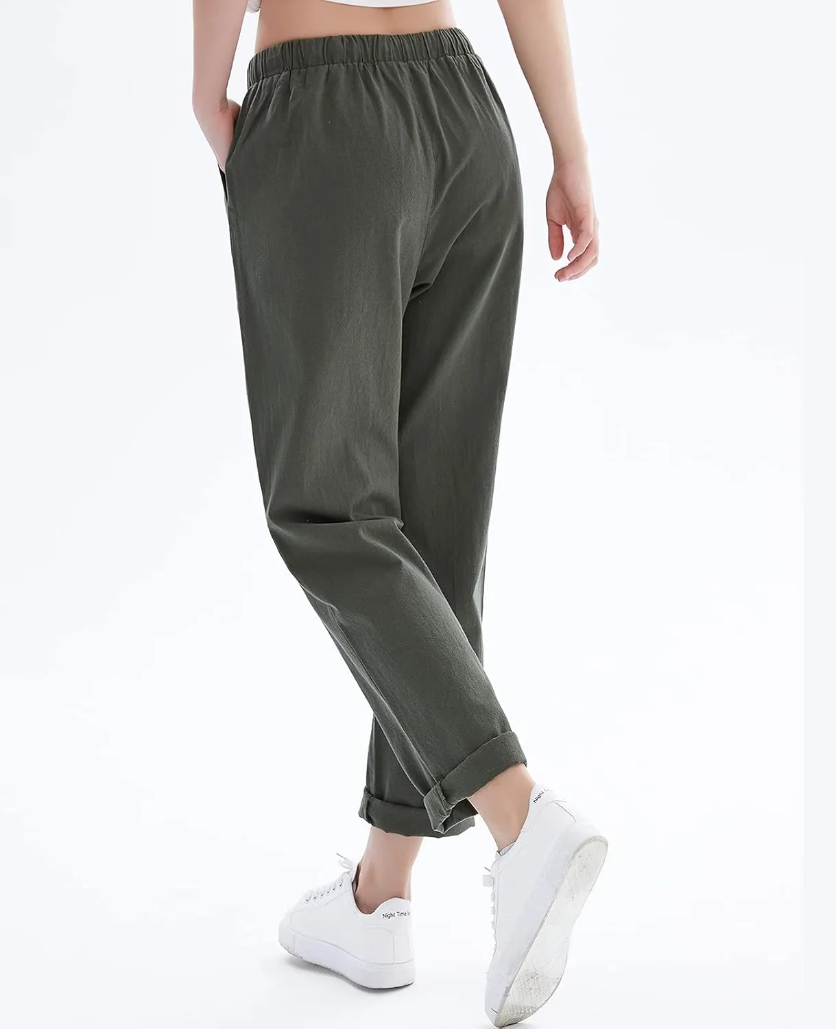 Womens Linen Pants for Summer Drawstring Soft Cropped Linen Cotton Pants Elastic Waist