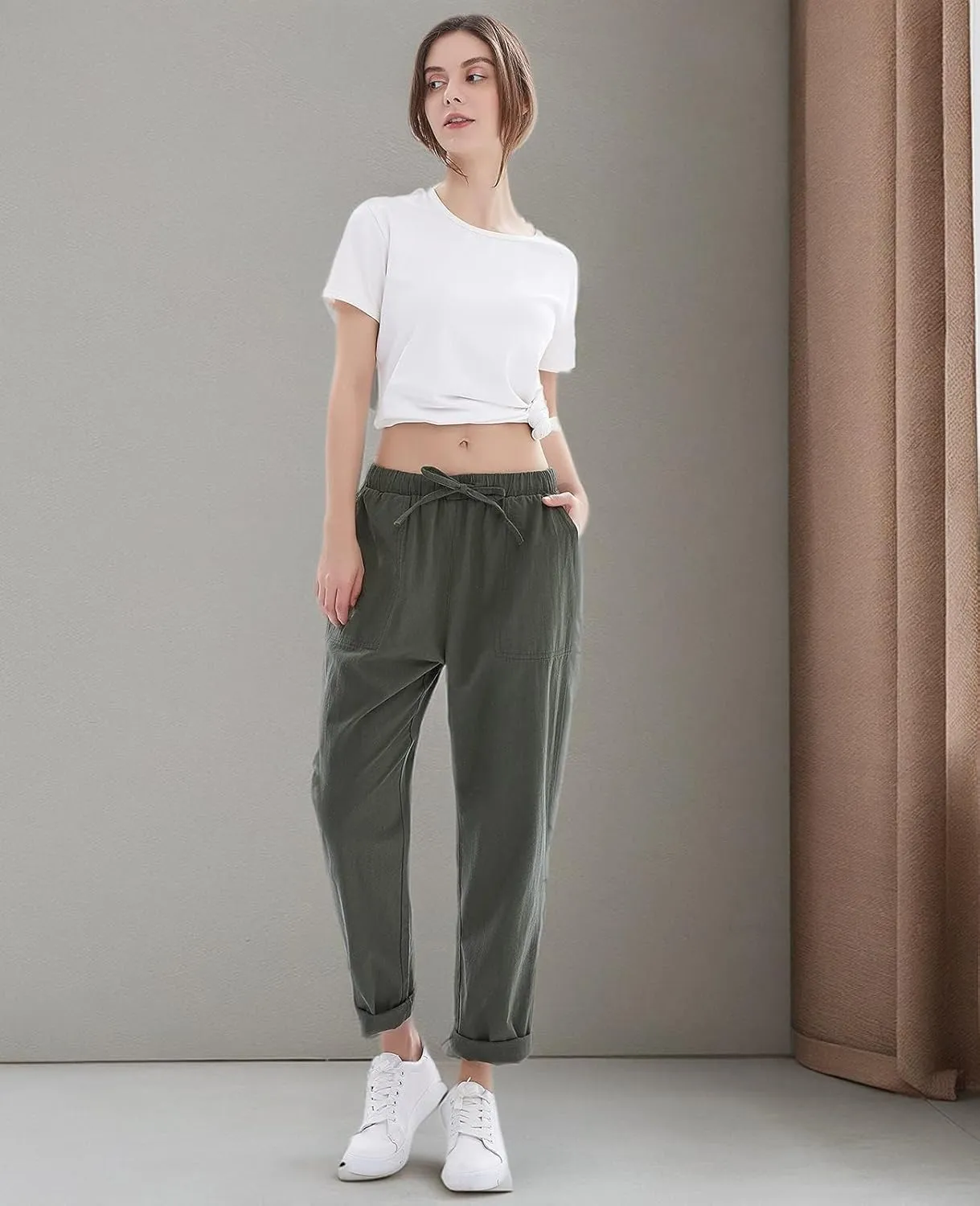 Womens Linen Pants for Summer Drawstring Soft Cropped Linen Cotton Pants Elastic Waist