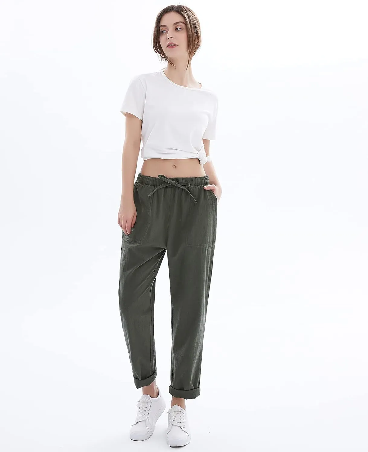 Womens Linen Pants for Summer Drawstring Soft Cropped Linen Cotton Pants Elastic Waist