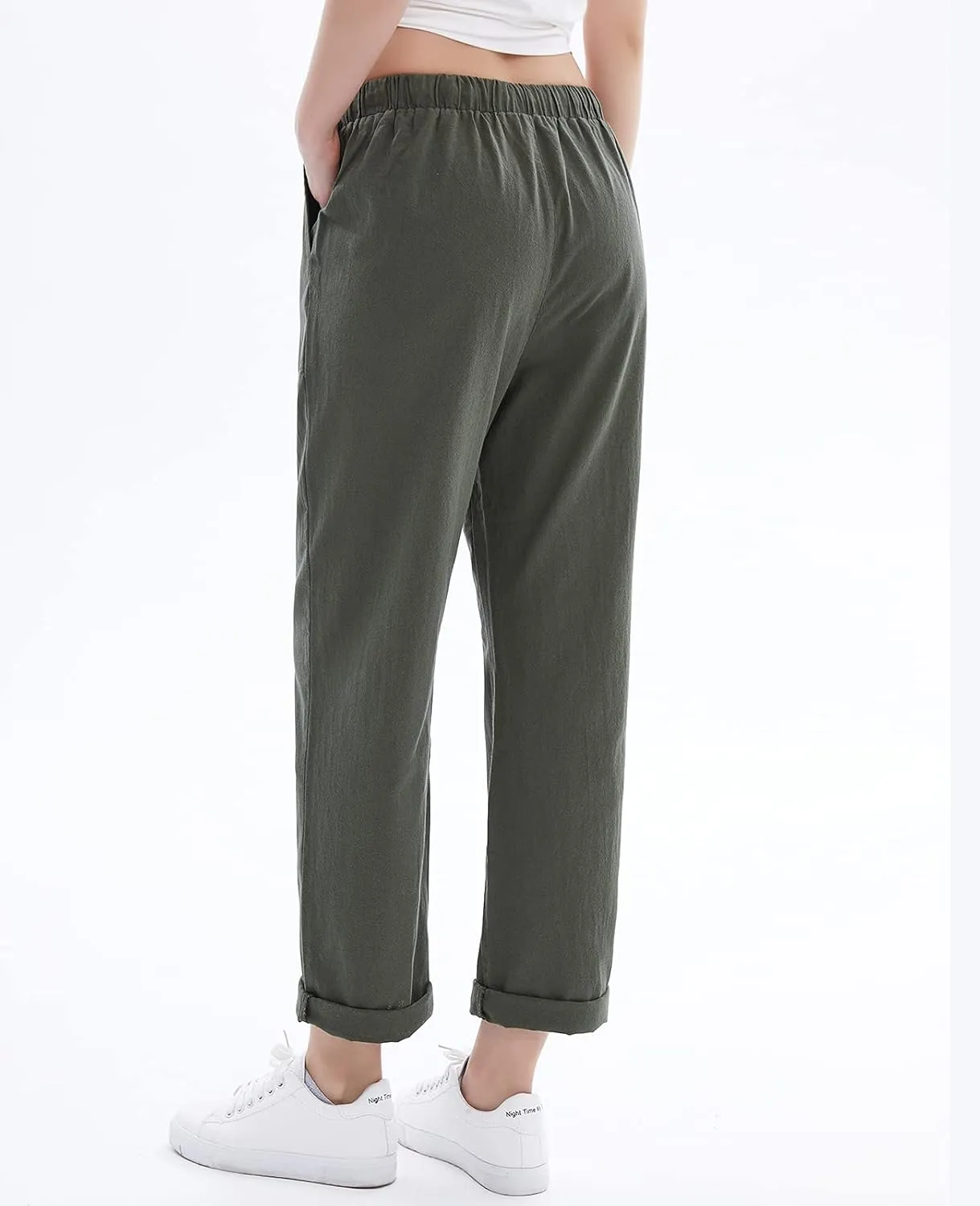 Womens Linen Pants for Summer Drawstring Soft Cropped Linen Cotton Pants Elastic Waist