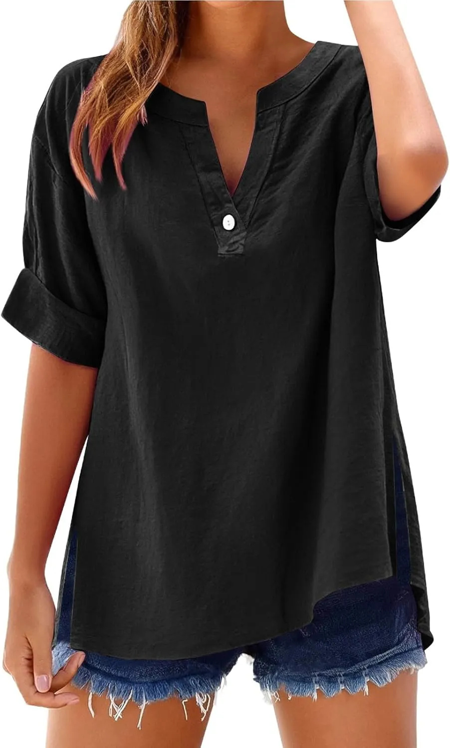 Womens Linen Tops 2025 Cotton Loose fit v-Neck Summer Shirts Oversized Fashion Trendy Soft Plus Size Tshirts