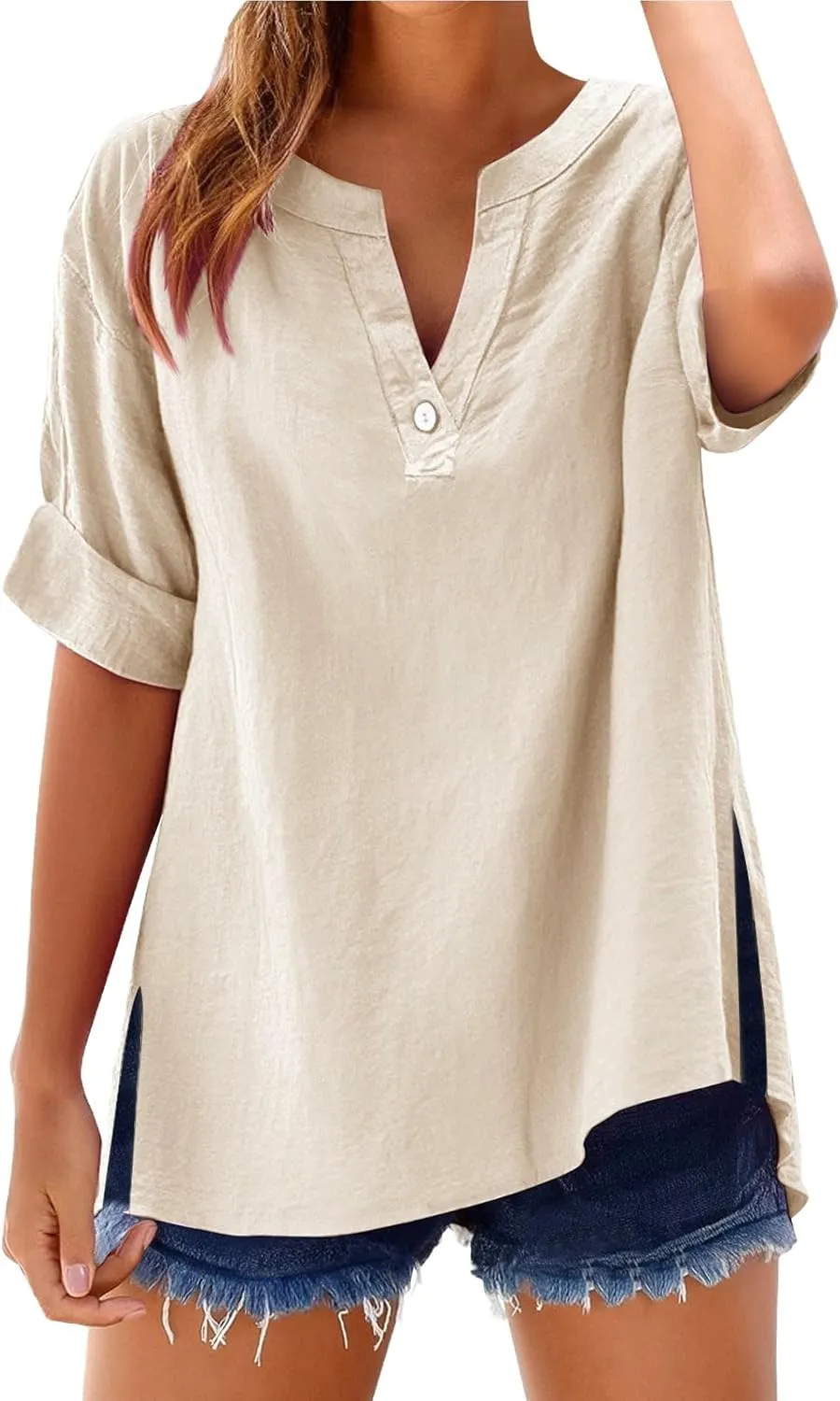 Womens Linen Tops 2025 Cotton Loose fit v-Neck Summer Shirts Oversized Fashion Trendy Soft Plus Size Tshirts