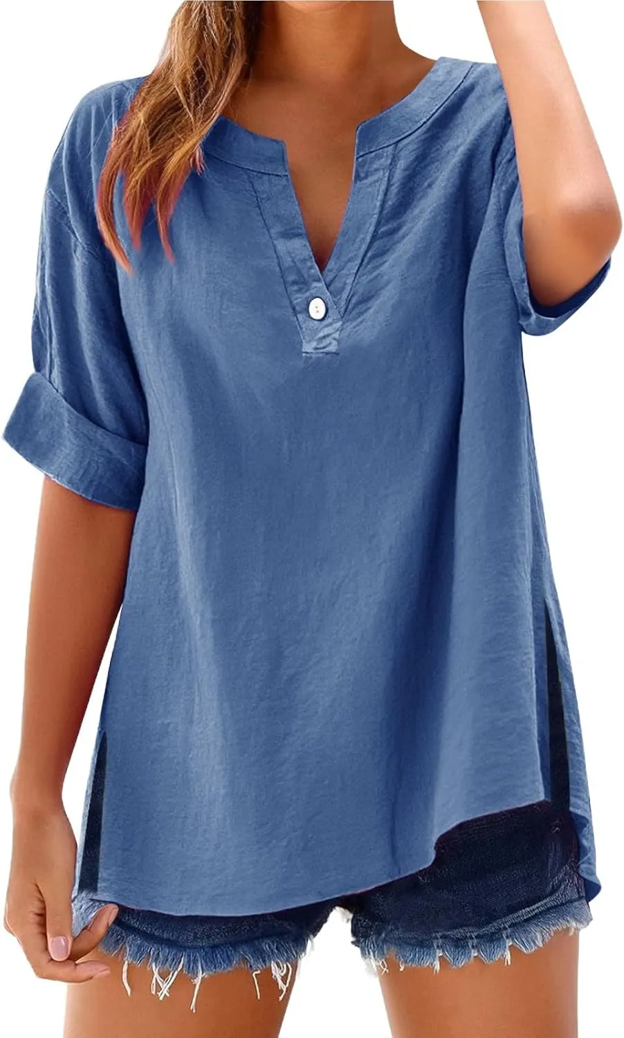 Womens Linen Tops 2025 Cotton Loose fit v-Neck Summer Shirts Oversized Fashion Trendy Soft Plus Size Tshirts
