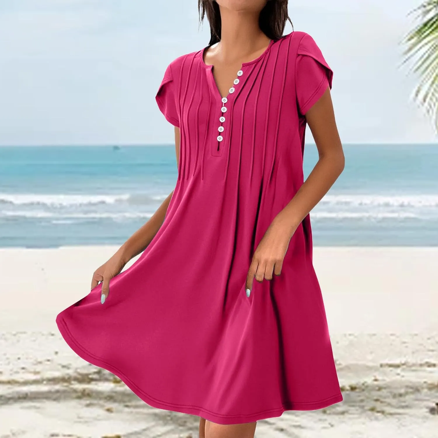 Womens Mini Dress Summer Bathing Suit Cover Up Dresses Business V Neck Button Down Sleeveless Boho Floral Sundress