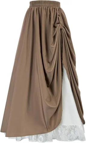 Women's Renaissance Skirt Victorian Peasant Double-Layer Maxi Long Skirts Casual Elastic Waisted Skirt Retro Costumes