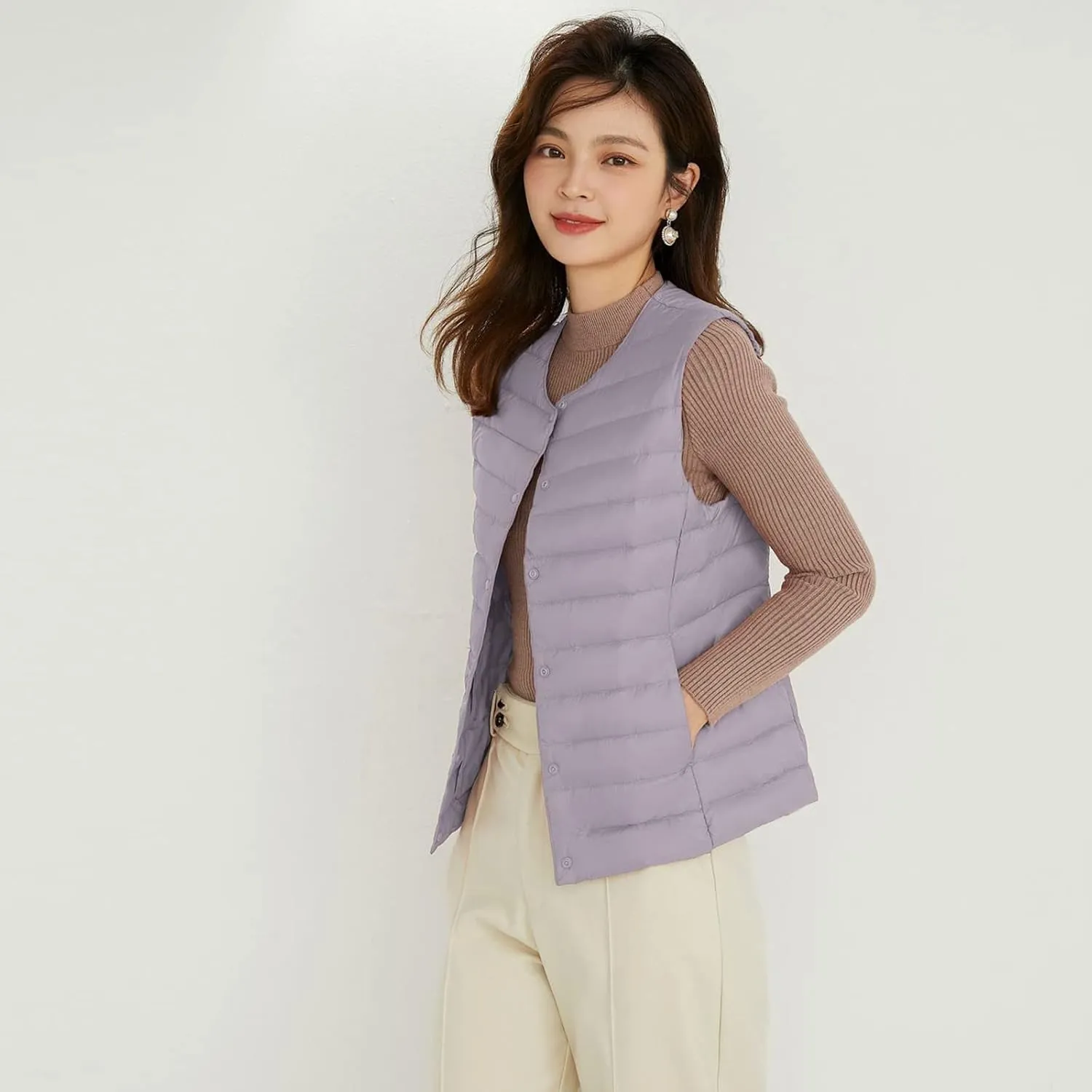 Women's Round Neck Puffer Vest Crewneck Winter Quilted Down Vest Trendy Lightweight Thicken Warm Bubble Gilet Tank