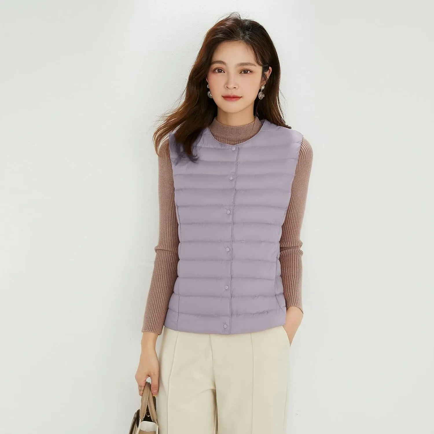 Women's Round Neck Puffer Vest Crewneck Winter Quilted Down Vest Trendy Lightweight Thicken Warm Bubble Gilet Tank