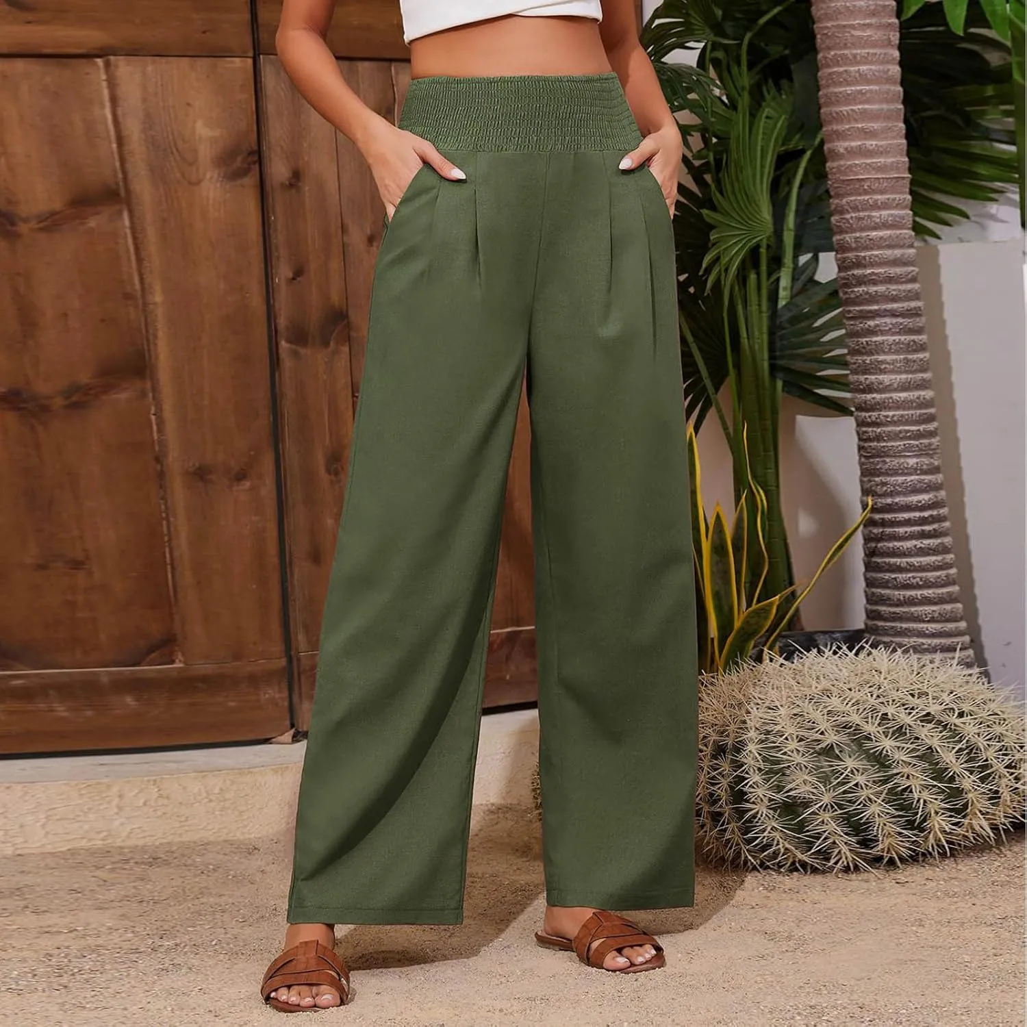 Womens Straight Loose Wide Leg Solid Color Pants, Summer Soft Elastic High Waist Classic Plus Size with Pockets