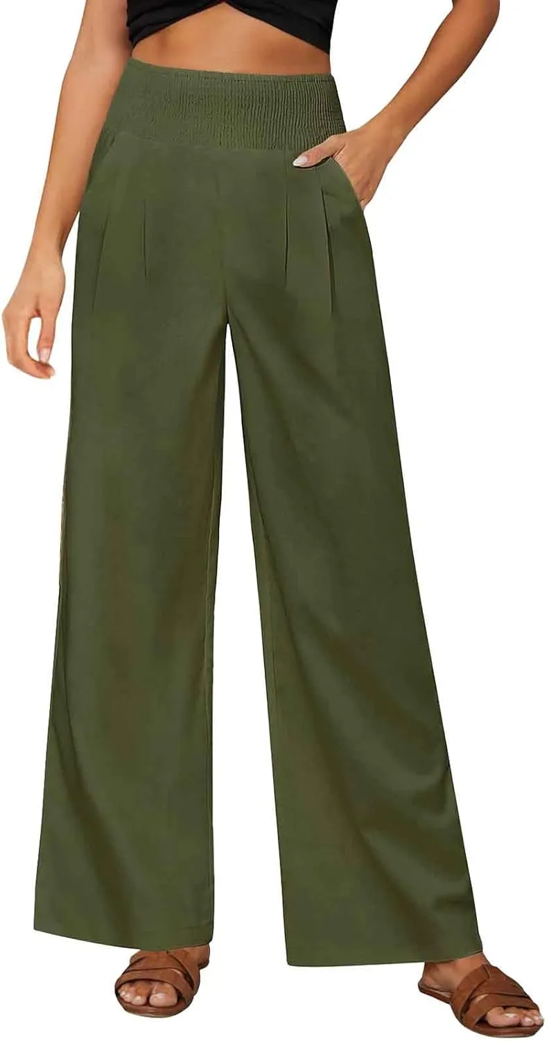 Womens Straight Loose Wide Leg Solid Color Pants, Summer Soft Elastic High Waist Classic Plus Size with Pockets