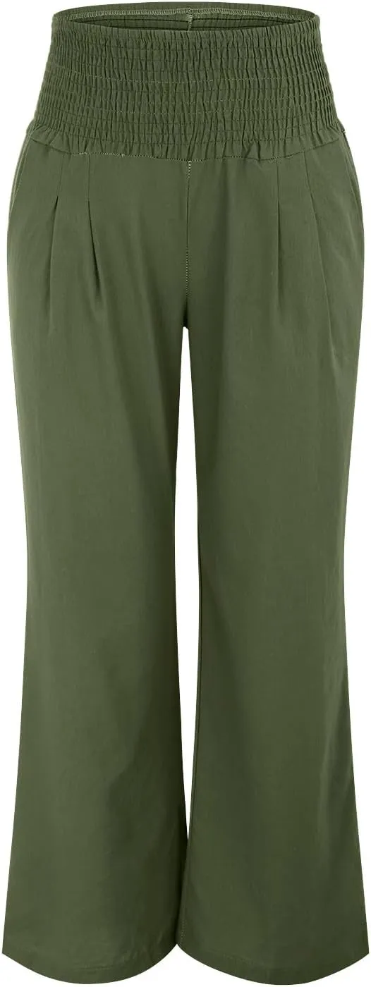 Womens Straight Loose Wide Leg Solid Color Pants, Summer Soft Elastic High Waist Classic Plus Size with Pockets