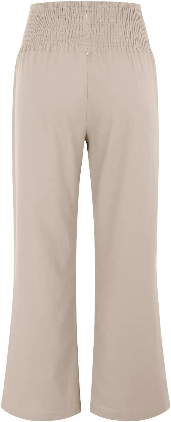 Womens Straight Loose Wide Leg Solid Color Pants, Summer Soft Elastic High Waist Classic Plus Size with Pockets
