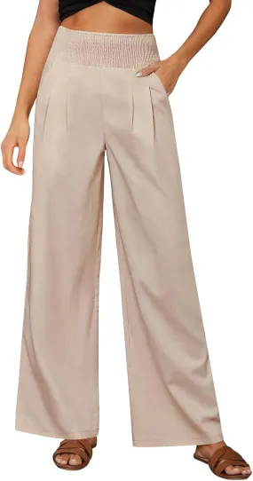 Womens Straight Loose Wide Leg Solid Color Pants, Summer Soft Elastic High Waist Classic Plus Size with Pockets