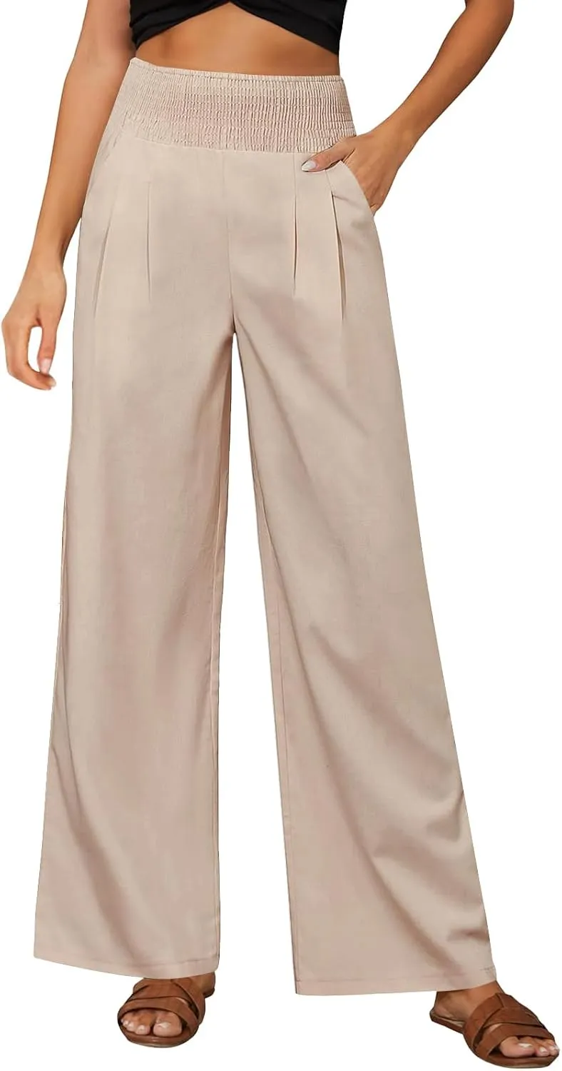 Womens Straight Loose Wide Leg Solid Color Pants, Summer Soft Elastic High Waist Classic Plus Size with Pockets
