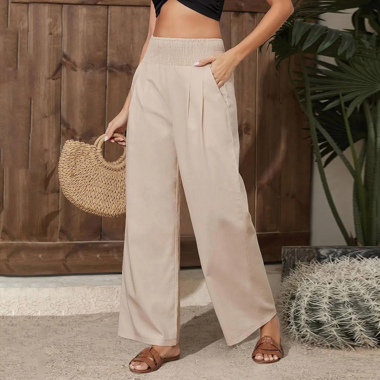Womens Straight Loose Wide Leg Solid Color Pants, Summer Soft Elastic High Waist Classic Plus Size with Pockets