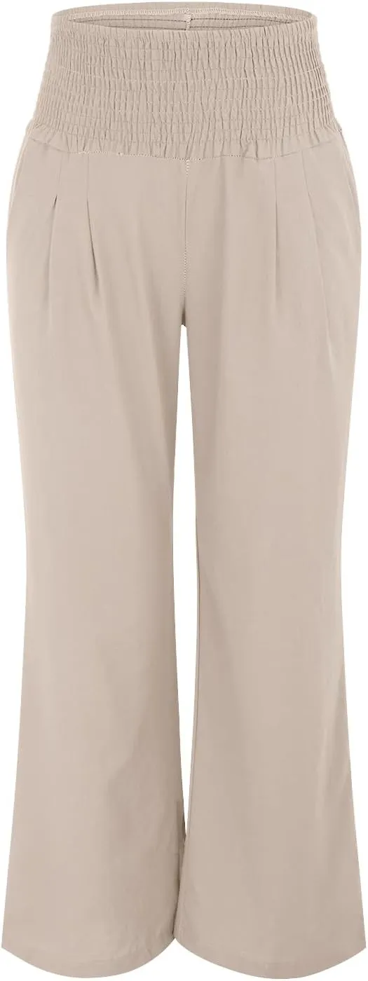 Womens Straight Loose Wide Leg Solid Color Pants, Summer Soft Elastic High Waist Classic Plus Size with Pockets