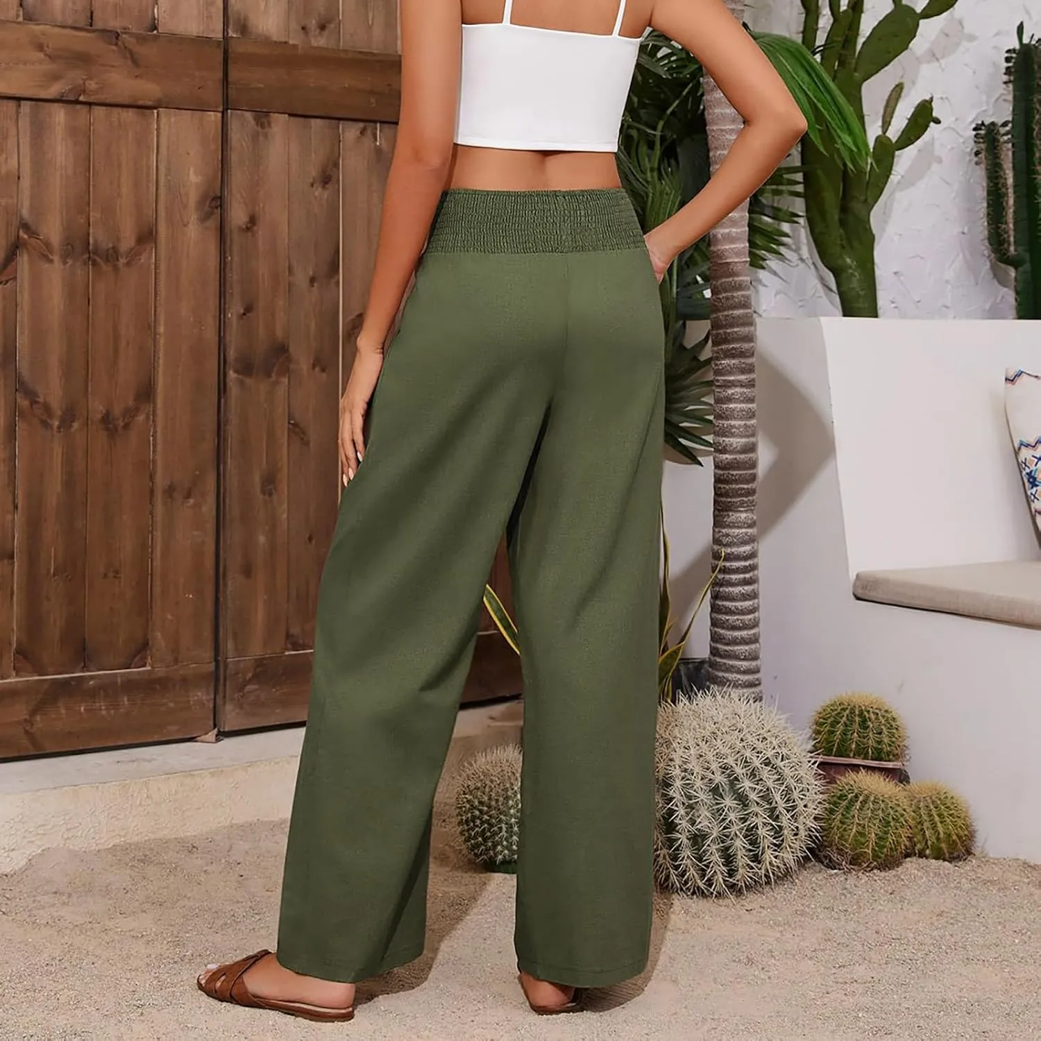 Womens Straight Loose Wide Leg Solid Color Pants, Summer Soft Elastic High Waist Classic Plus Size with Pockets