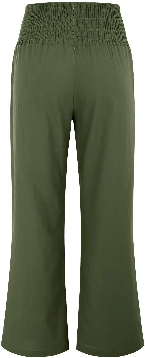 Womens Straight Loose Wide Leg Solid Color Pants, Summer Soft Elastic High Waist Classic Plus Size with Pockets