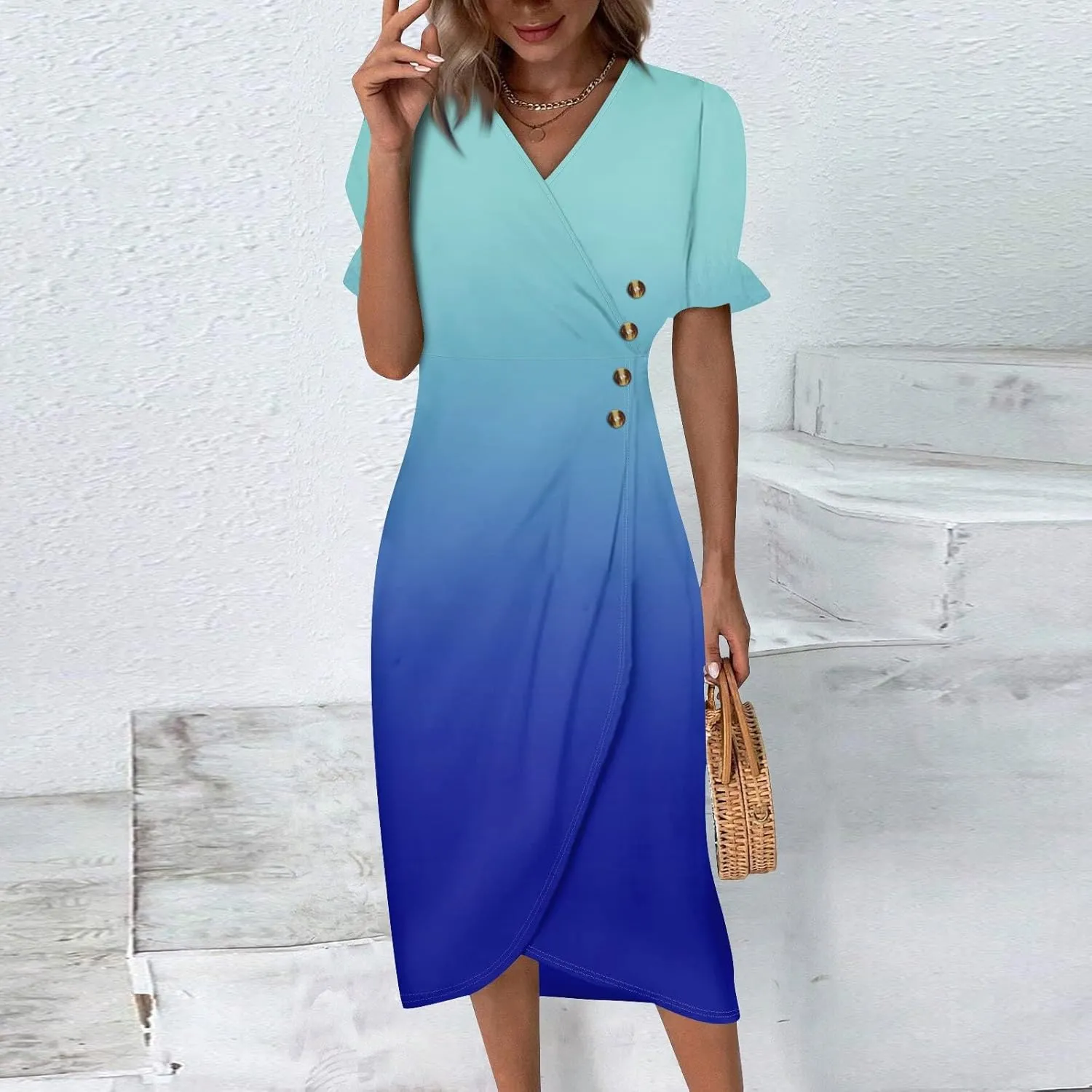 Women's Summer Casual Loose Trendy Short Sleeve V-Neck Floral Printed Solid Sun Beach Vacation Dress, S-3XL