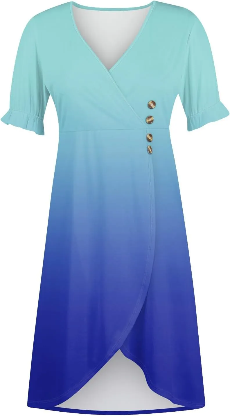 Women's Summer Casual Loose Trendy Short Sleeve V-Neck Floral Printed Solid Sun Beach Vacation Dress, S-3XL