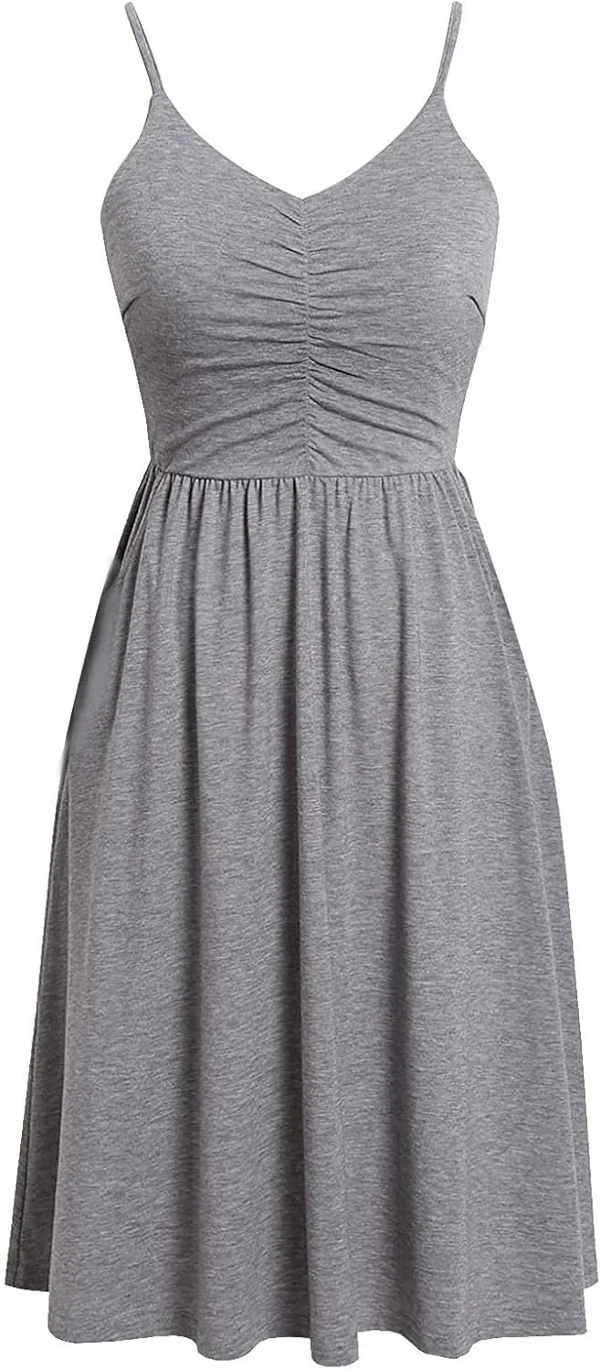 Womens Summer Dress Ruched Flowy Casual Floral Beach Soft Dresses A-Line Spaghetti Strap Midi Sundress