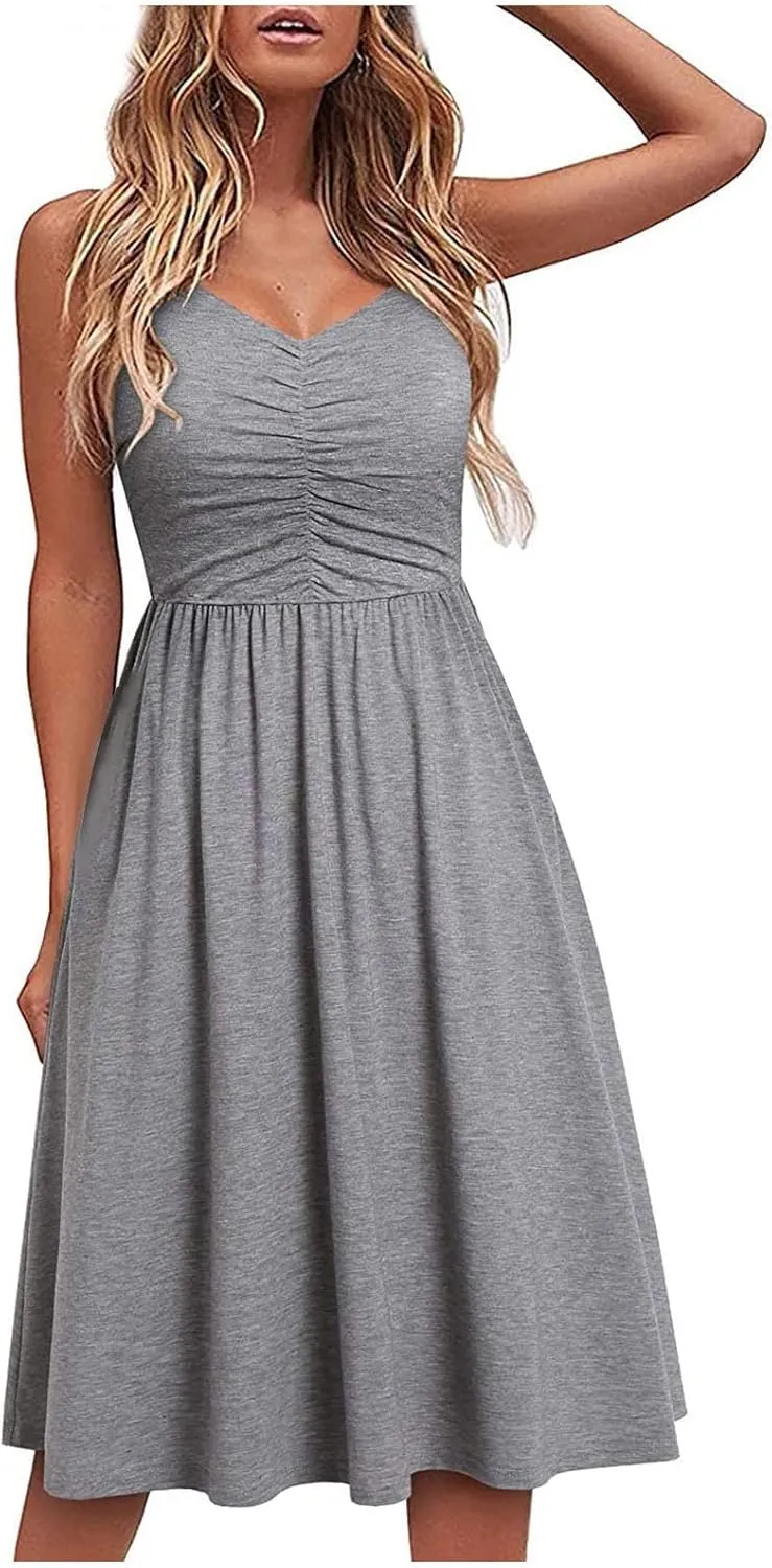 Womens Summer Dress Ruched Flowy Casual Floral Beach Soft Dresses A-Line Spaghetti Strap Midi Sundress
