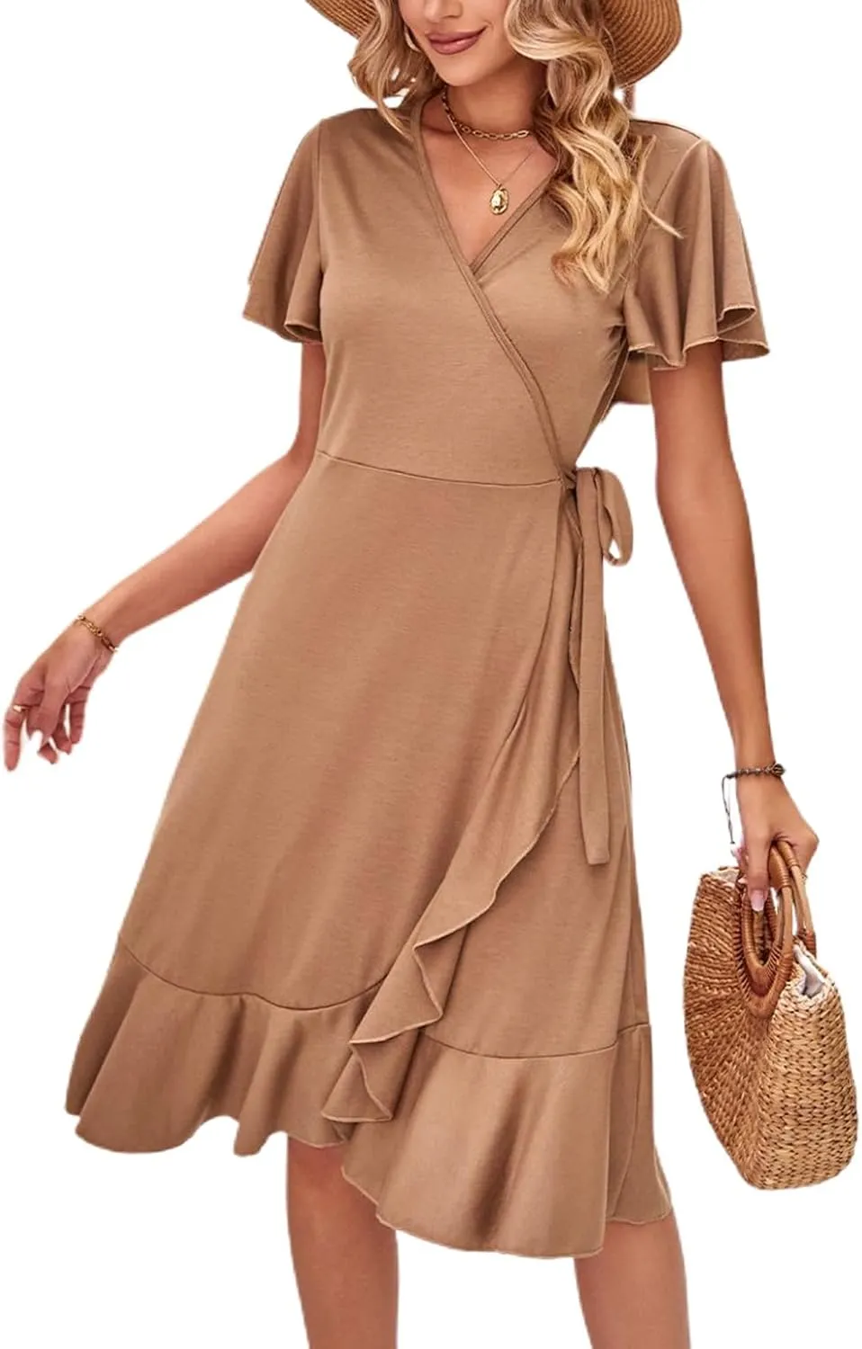 Women's Summer Dresses Midi Dress Short Sleeve Wrap V Neck Casual Belted Deep V Neck Spring